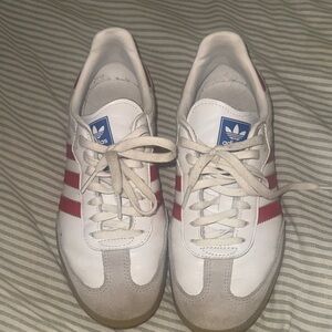 adidas White Sneakers with Red Stripes and Blue Tongue Logo
